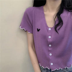 Butterfly Embroidery Wavy Edges Cropped Thin Shirt