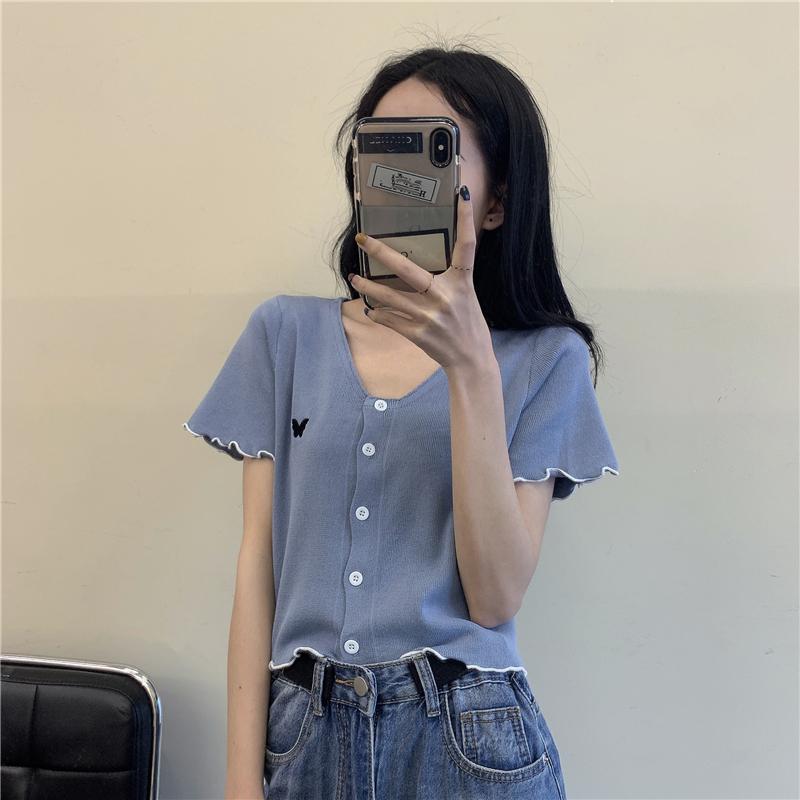 Butterfly Embroidery Wavy Edges Cropped Thin Shirt