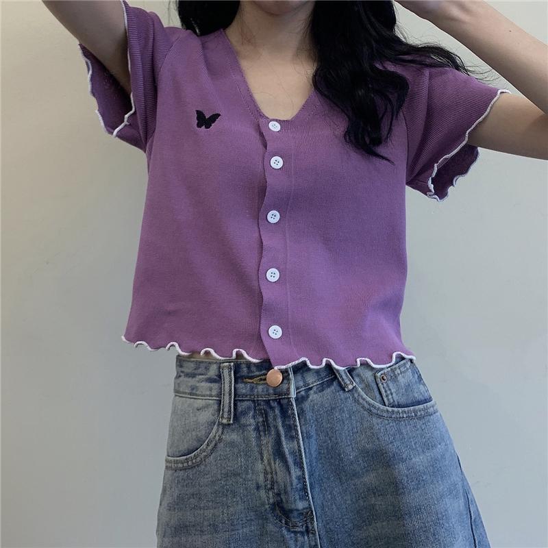 Butterfly Embroidery Wavy Edges Cropped Thin Shirt