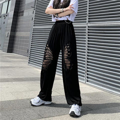 Butterfly Hollow Out Wide Leg Black Pants