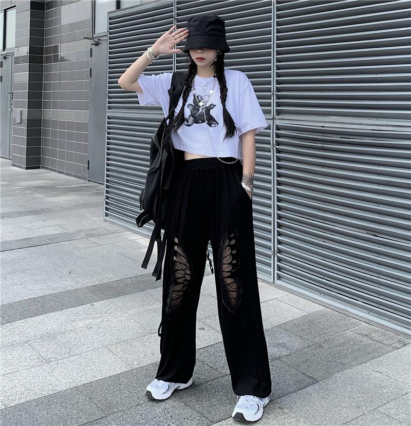 Butterfly Hollow Out Wide Leg Black Pants