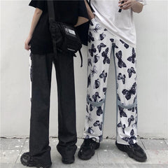 Butterfly Pattern Stitching Denim Oversized Pants