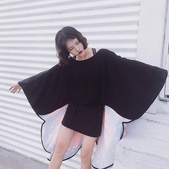 Butterfly Wings Print Loose Black Hippie Cloak