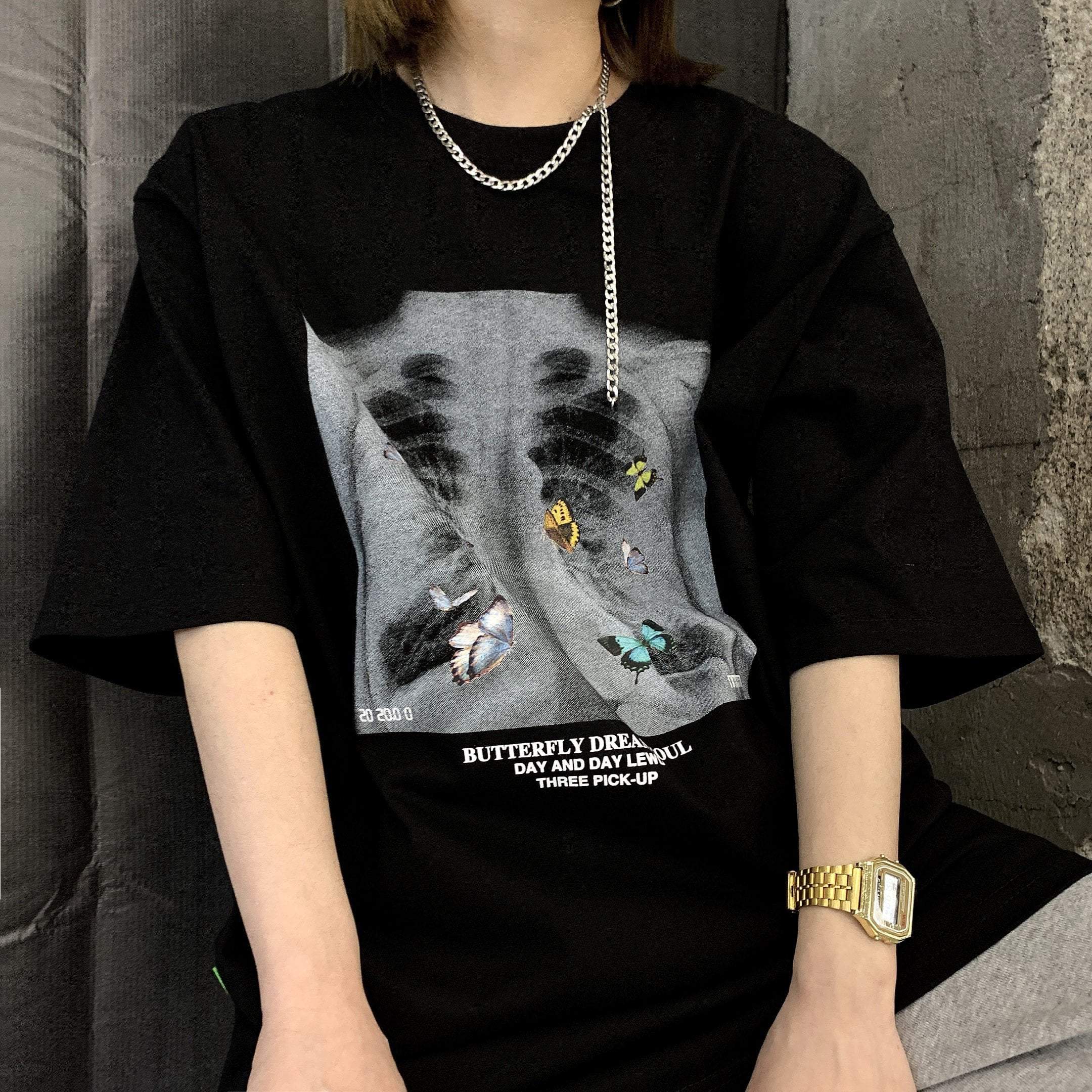 Butterfly X-Ray Edgy Print Loose Black White T-Shirt