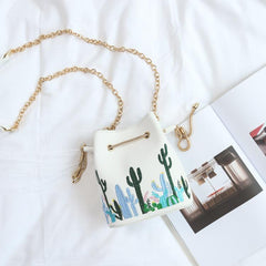 Cactuses Plants Embroidery Shoulder Leather Purse Bag