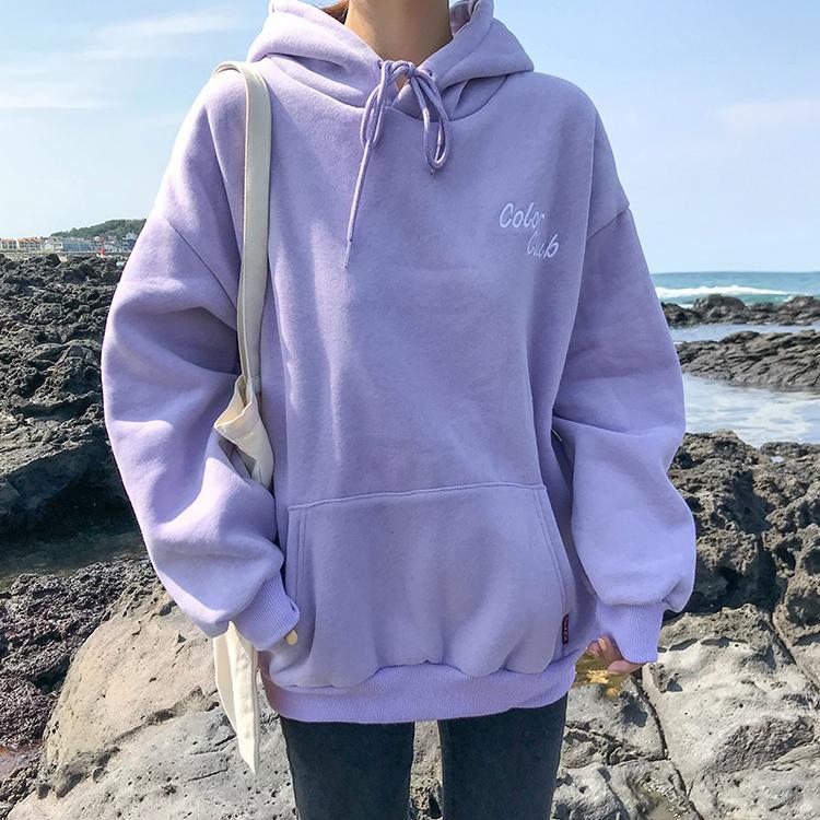 Candy Colors Letters Embroidery Loose Hooded Sweatshirt