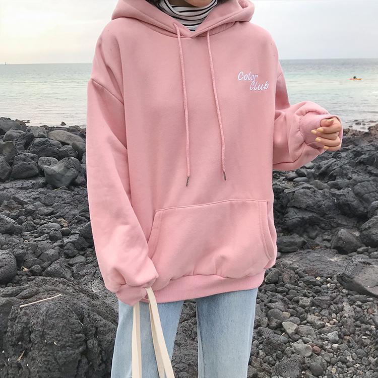 Candy Colors Letters Embroidery Loose Hooded Sweatshirt