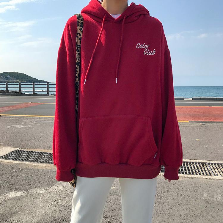 Candy Colors Letters Embroidery Loose Hooded Sweatshirt