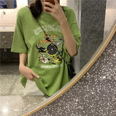 Cartoon Letters Print Round Neck Loose T-Shirt