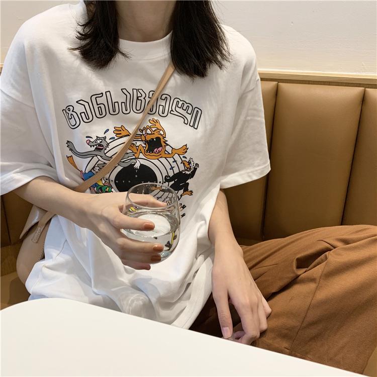 Cartoon Letters Print Round Neck Loose T-Shirt