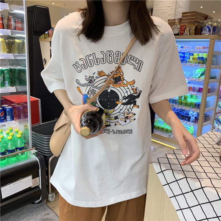 Cartoon Letters Print Round Neck Loose T-Shirt