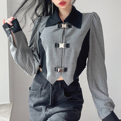 Casual Aesthetic Metal Latch Ribbed Cropped Shirt