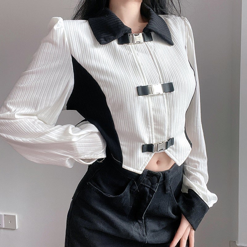 Casual Aesthetic Metal Latch Ribbed Cropped Shirt