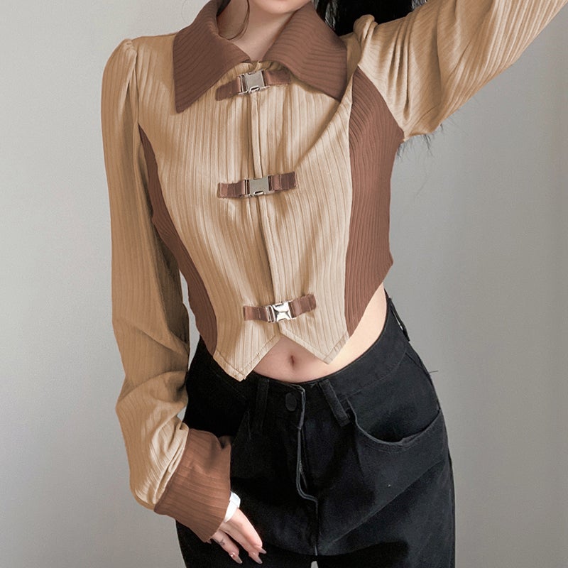 Casual Aesthetic Metal Latch Ribbed Cropped Shirt