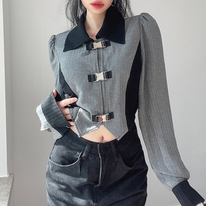 Casual Aesthetic Metal Latch Ribbed Cropped Shirt