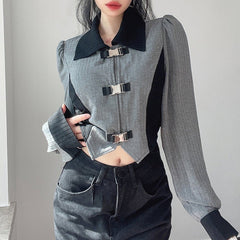 Casual Aesthetic Metal Latch Ribbed Cropped Shirt