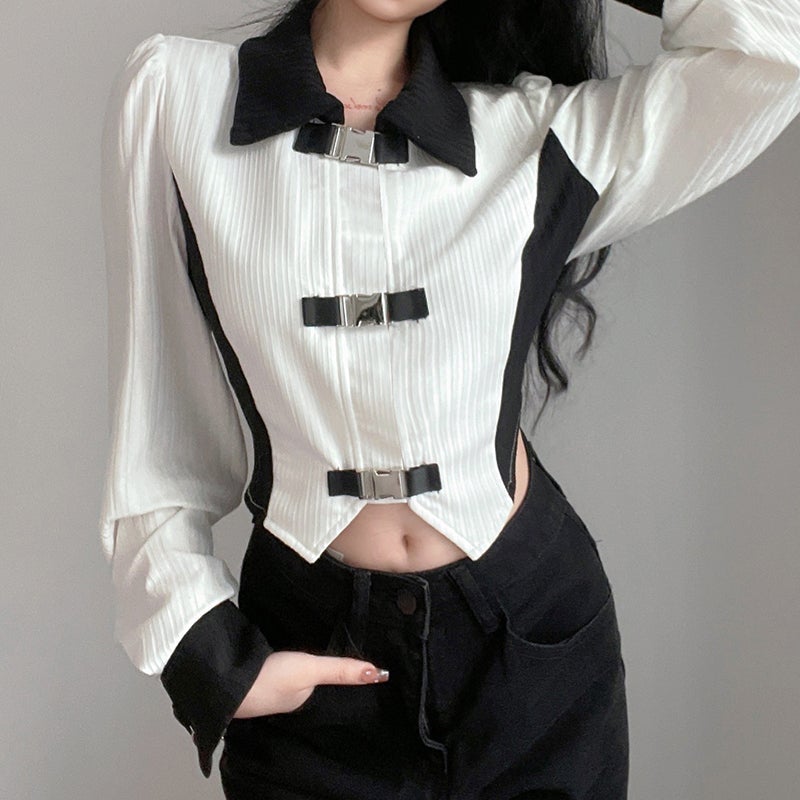 Casual Aesthetic Metal Latch Ribbed Cropped Shirt