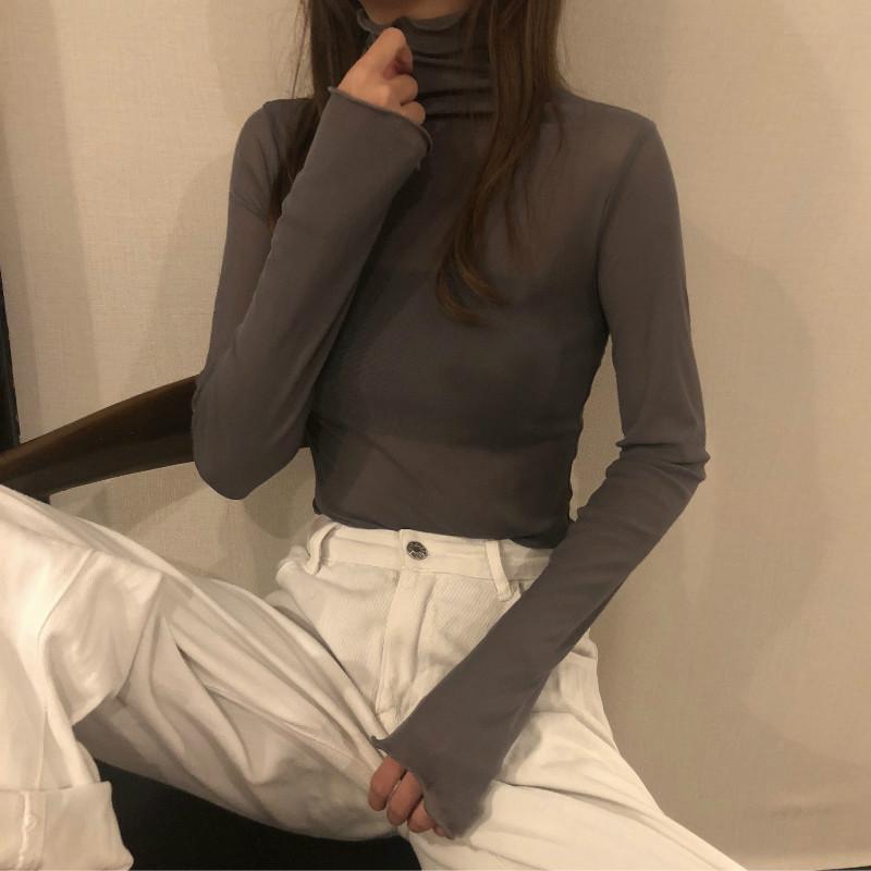 Casual Aesthetic Wavy Edges High Neck Slim Thin Shirt