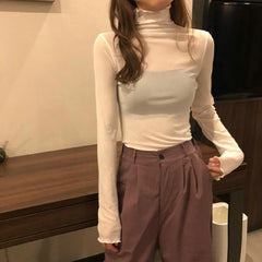 Casual Aesthetic Wavy Edges High Neck Slim Thin Shirt