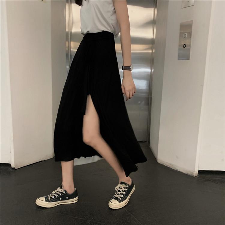 Casual Black Gray Wrap Bow Split Long Skirt