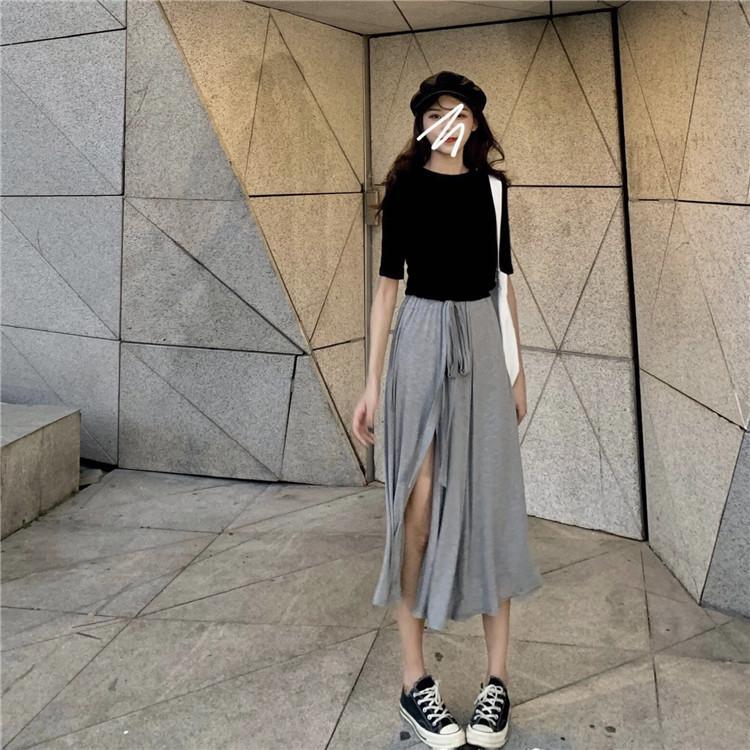 Casual Black Gray Wrap Bow Split Long Skirt