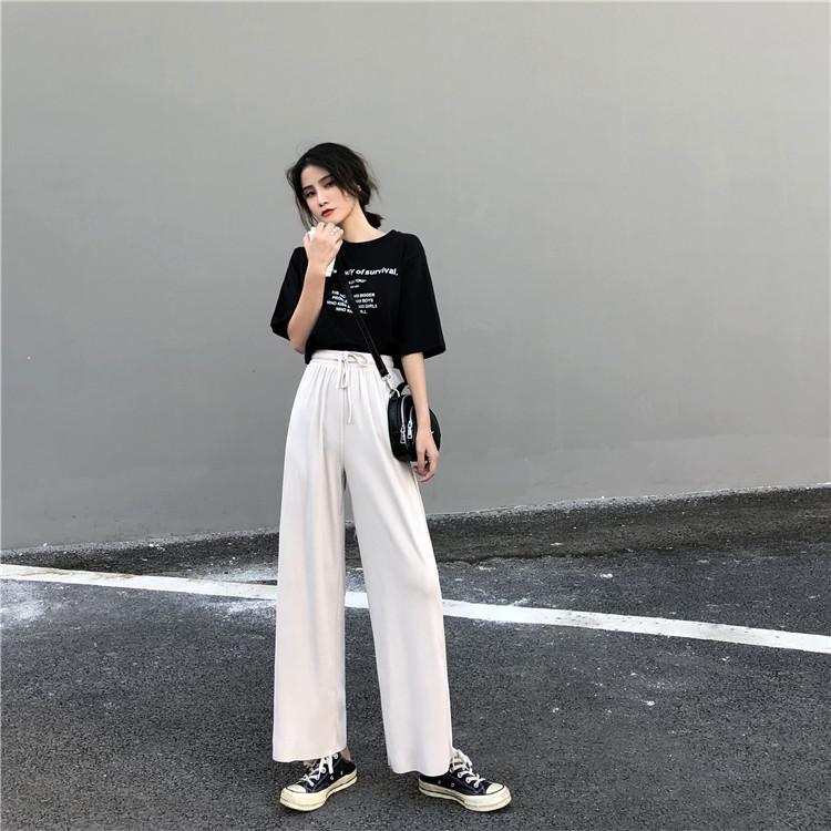 Casual Black White Elastic Waist Loose Pants