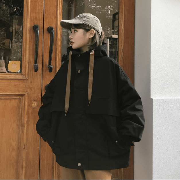 Casual Oversized Hooded Snap-Buttons Pockets Windbreaker