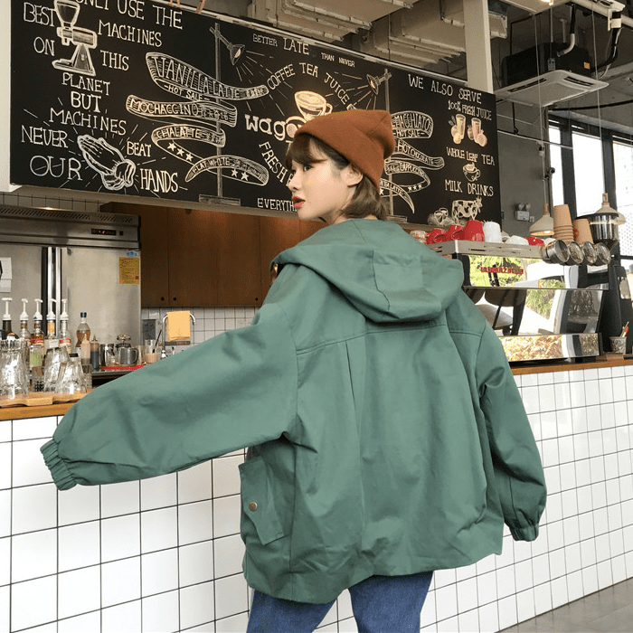 Casual Oversized Hooded Snap-Buttons Pockets Windbreaker