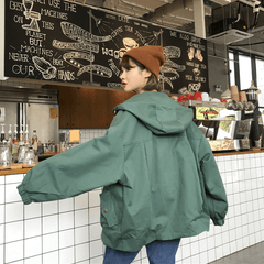 Casual Oversized Hooded Snap-Buttons Pockets Windbreaker