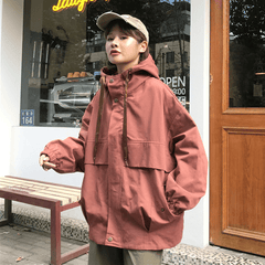 Casual Oversized Hooded Snap-Buttons Pockets Windbreaker