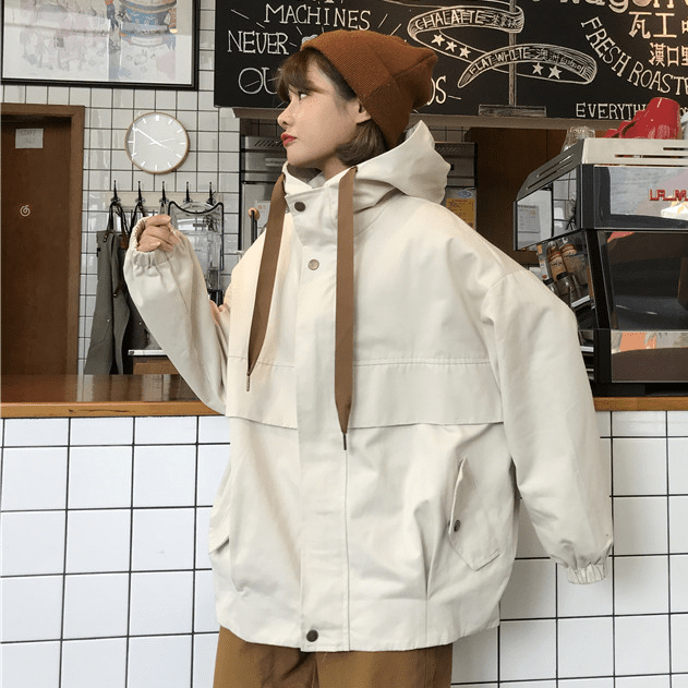 Casual Oversized Hooded Snap-Buttons Pockets Windbreaker