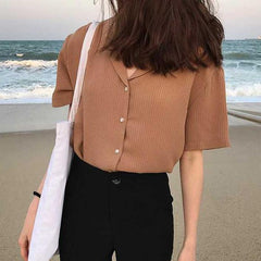 Casual Pinstripe V-Neck Short Sleeve Blouse