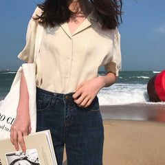 Casual Pinstripe V-Neck Short Sleeve Blouse