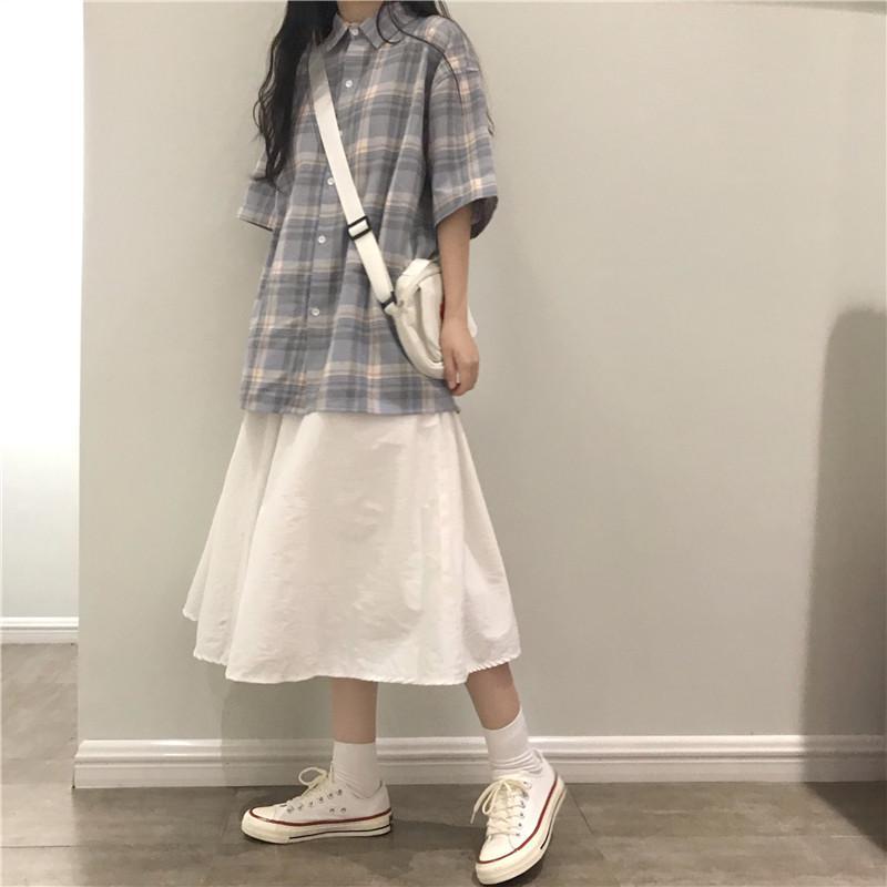 Casual Plaid Loose Shirt + White Midi Skirt