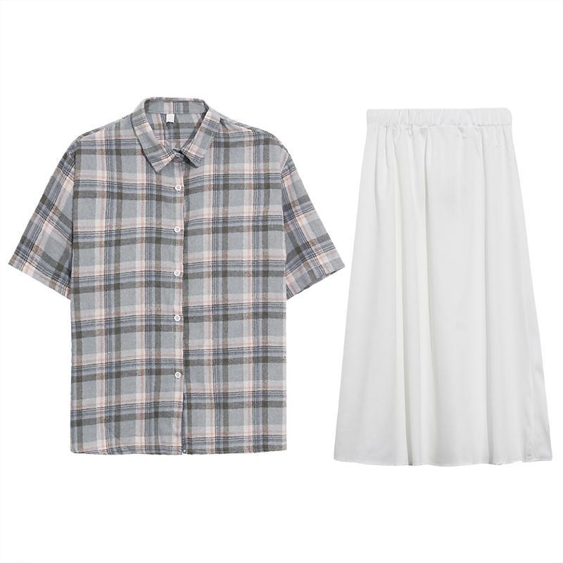 Casual Plaid Loose Shirt + White Midi Skirt