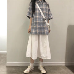 Casual Plaid Loose Shirt + White Midi Skirt