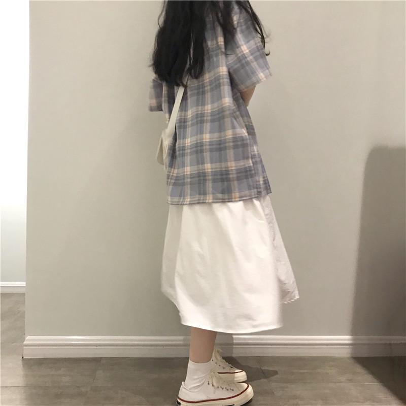 Casual Plaid Loose Shirt + White Midi Skirt