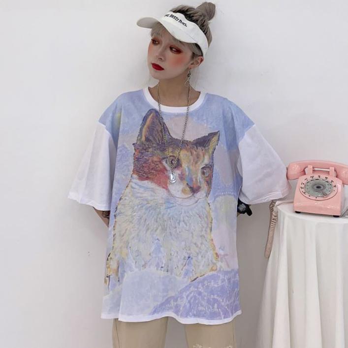 Cat Cartoon Oil Painting Oversized T-Shirt