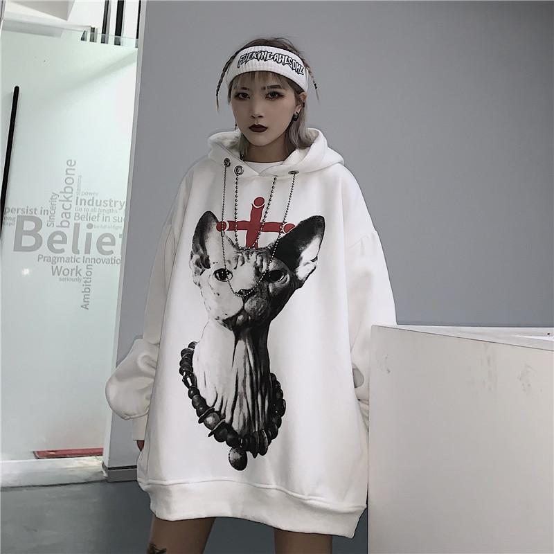 Cat Printed Goth Aesthetic Oversized White Hoodie