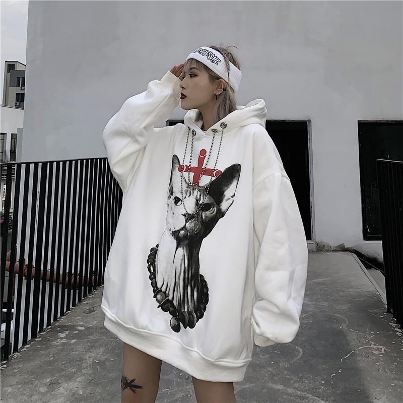 Cat Printed Goth Aesthetic Oversized White Hoodie