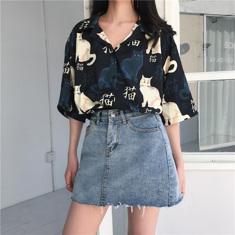 Cats Pattern Summer Short Sleeve Blouse