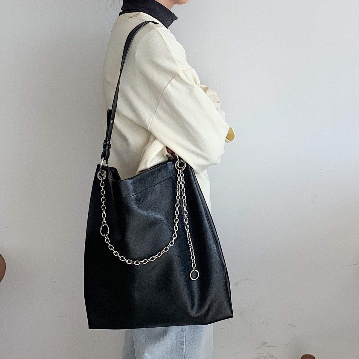 Chain Strap Large Black Leather Shoulder Tote Bag