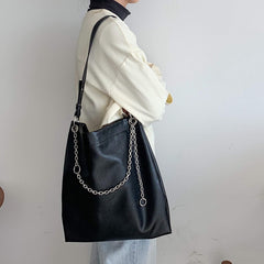 Chain Strap Large Black Leather Shoulder Tote Bag