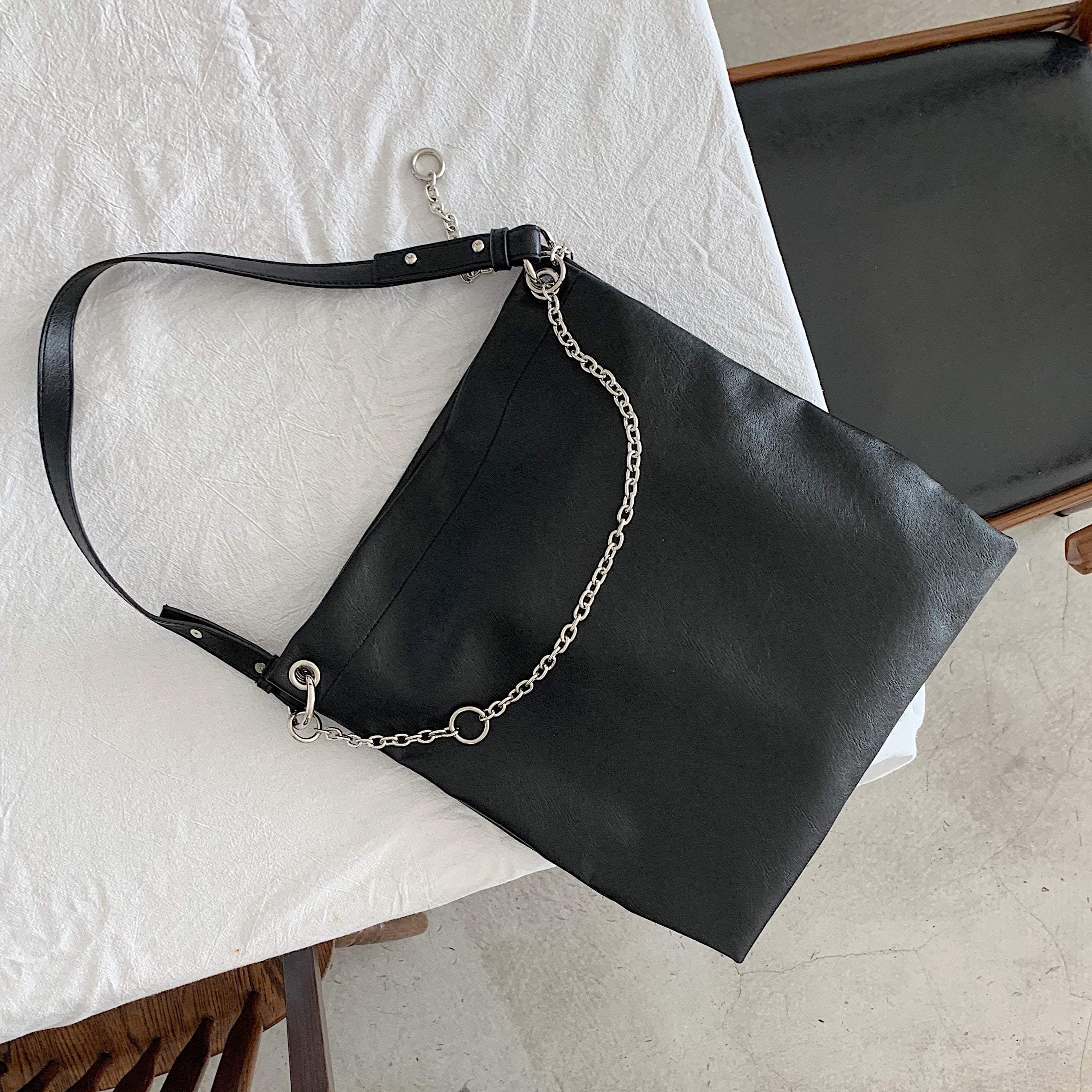 Chain Strap Large Black Leather Shoulder Tote Bag