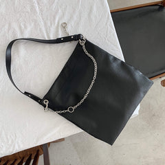 Chain Strap Large Black Leather Shoulder Tote Bag