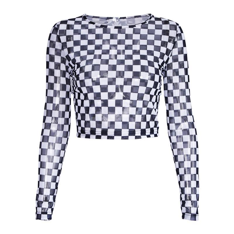 Checker Racer Grid Bw Transparent Gauze Long Sleeve Crop Top