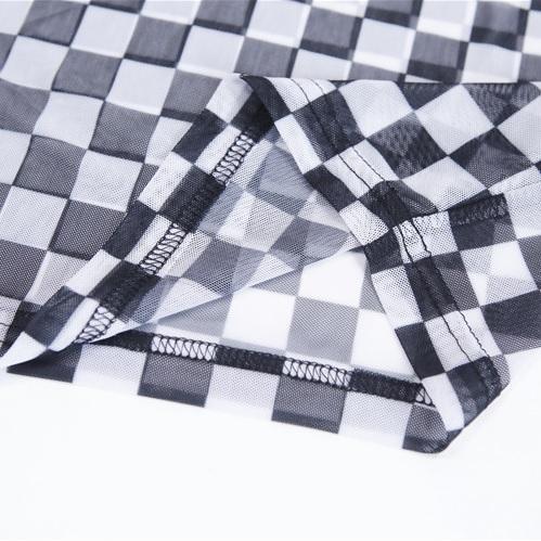 Checker Racer Grid Bw Transparent Gauze Long Sleeve Crop Top