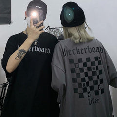 Checkerboard Print Grunge Oversized T-Shirt