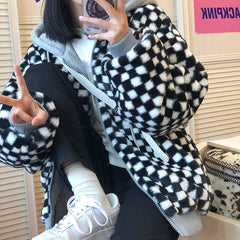 Checkered Aesthetic Soft Fluffy Zipper Hooded Jacket