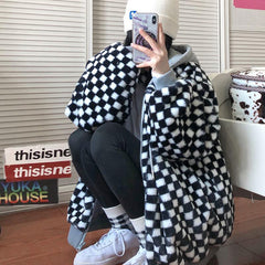 Checkered Aesthetic Soft Fluffy Zipper Hooded Jacket